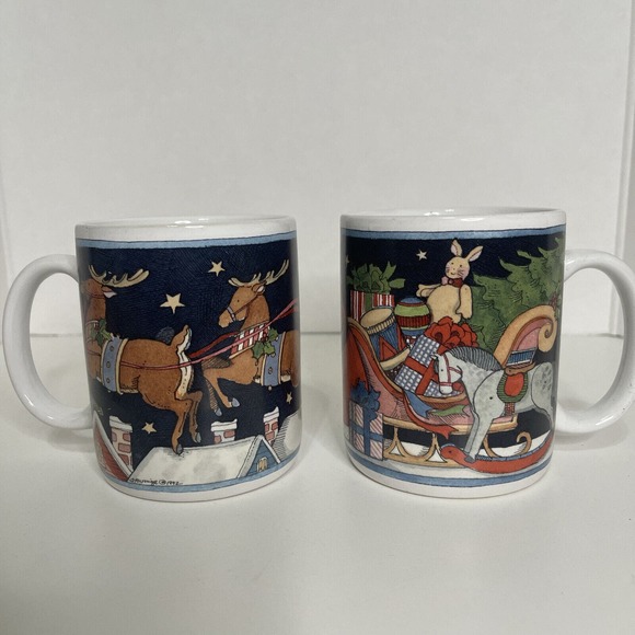 Susan Winget 1992 Coffee Cup Mug Christmas Holiday Santa Toys Sleigh Vintage (2) - Picture 1 of 11